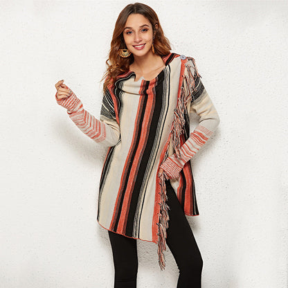 Damen Strickjacke mit Fransen und Streifenmuster - Eveloria