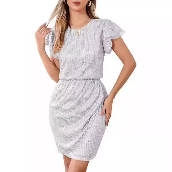 Damen Cocktailkleid Pailletten Voluminöse Rüschenärmel Eveloria