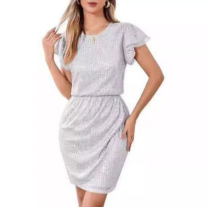 Damen Cocktailkleid Pailletten Voluminöse Rüschenärmel Eveloria