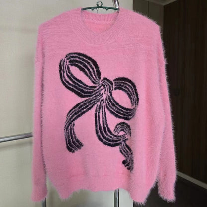 Damen Pullover Kuschelig Schleifenmuster Grau