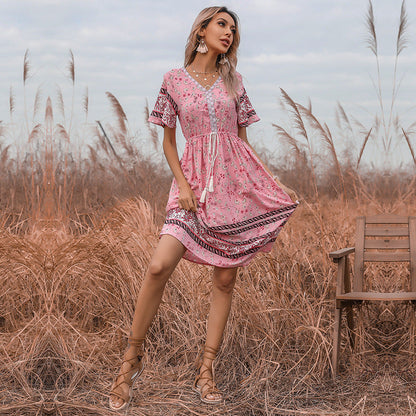 Damen Sommerkleid Boho florales Design Taillenzug