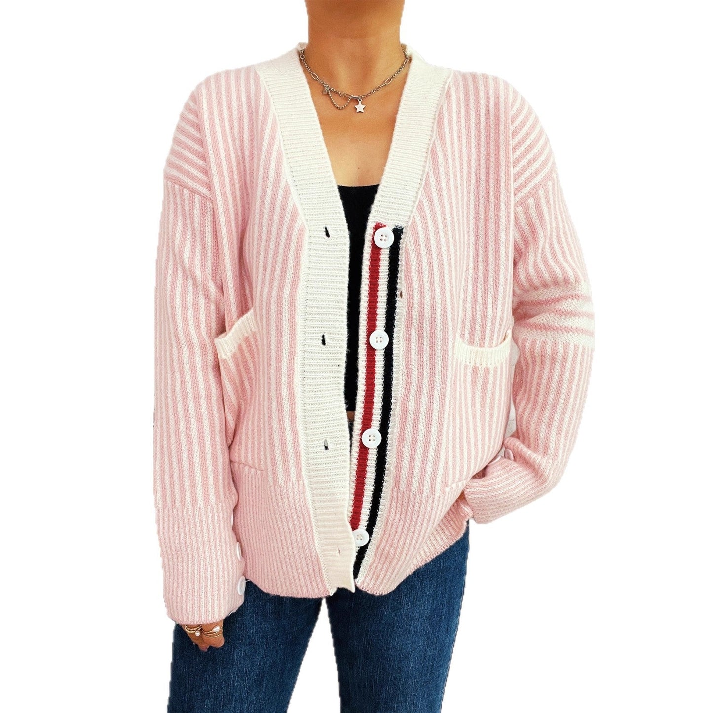 Damen Strickcardigan Gestreift Mit Taschen Knöpfe Beige