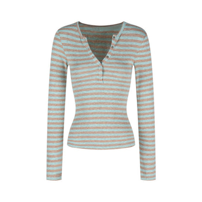 Damen Langarmshirt Modern Streifen Knopfleiste Eveloria