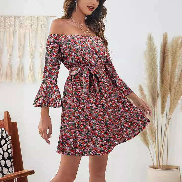 Damen Off-Shoulder Kleid Bunt Muster Eveloria
