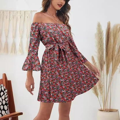Damen Off-Shoulder Kleid Bunt Muster Eveloria