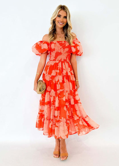 Damen Maxikleid Puffärmel Floralmuster Eveloria