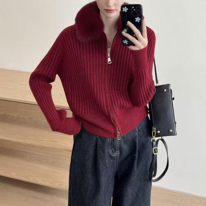 Damen Strickjacke Kunstfellkragen Rippstruktur