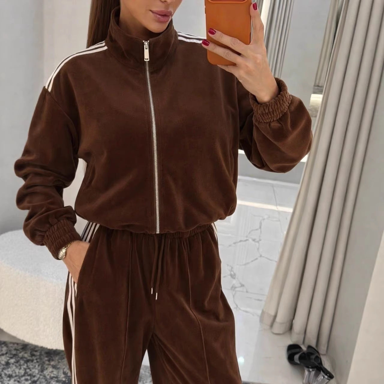 Damen Velours Jogginganzug Elastischer Bund Hochgeschlossener Kragen