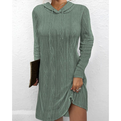 Damen Strickkleid Kapuze Struktur Muster Anthrazit