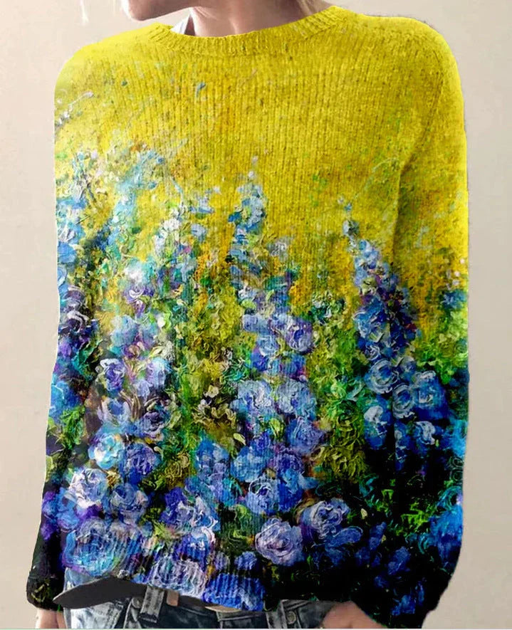 Damen Sweatshirt Wollgefühl Floral Bestickt Langarm