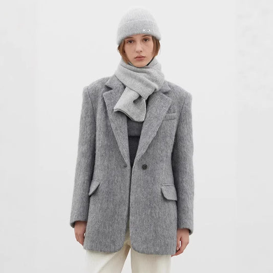 Damen Wollblazer Moderner Schnitt Kuschelig Anthrazit Eveloria - Eveloria