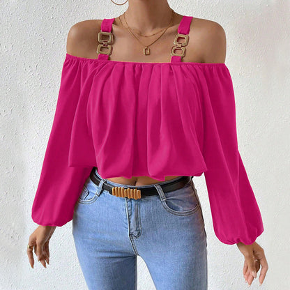 Damen Off-Shoulder Bluse Dekorative Träger Elegante Raffung