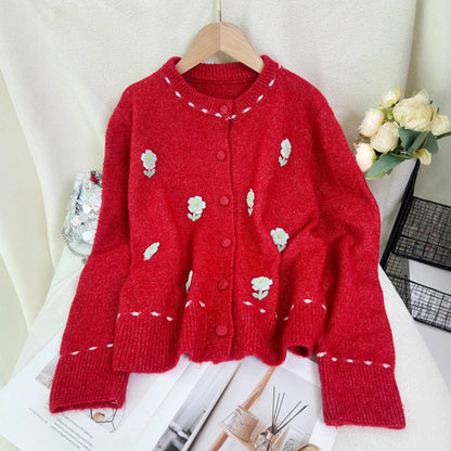 Damen Strickjacke Florales Muster Knopfverschluss