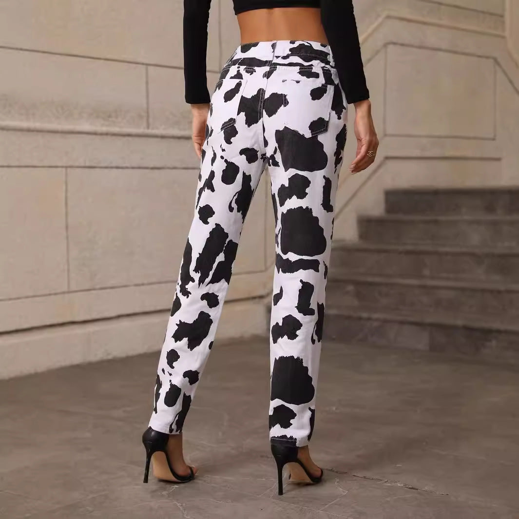 Damen Jeanshose Lässig Kuhflecken-Muster Eveloria