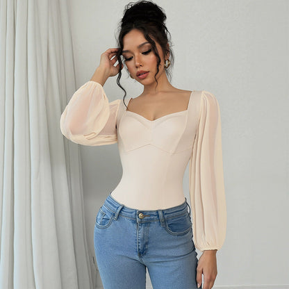 Damen Stretch-Bodysuit mit Puffärmeln V-Ausschnitt Eveloria