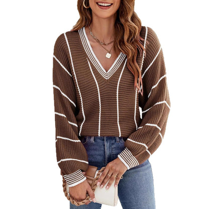 Damen Pullover V-Ausschnitt Streifen Design