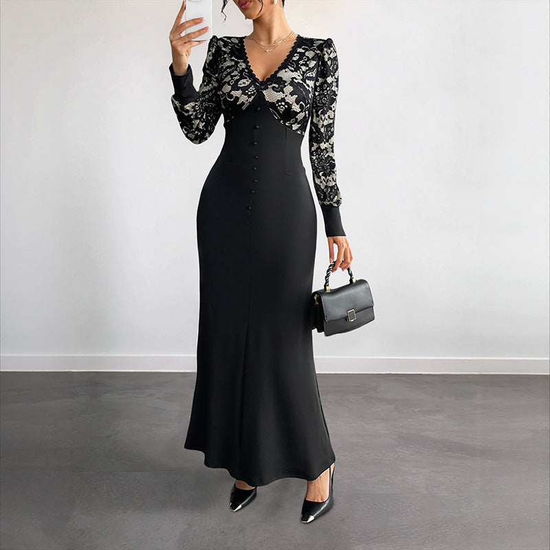 Damen Maxikleid Spitze Tailliert