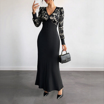 Damen Maxikleid Spitze Tailliert