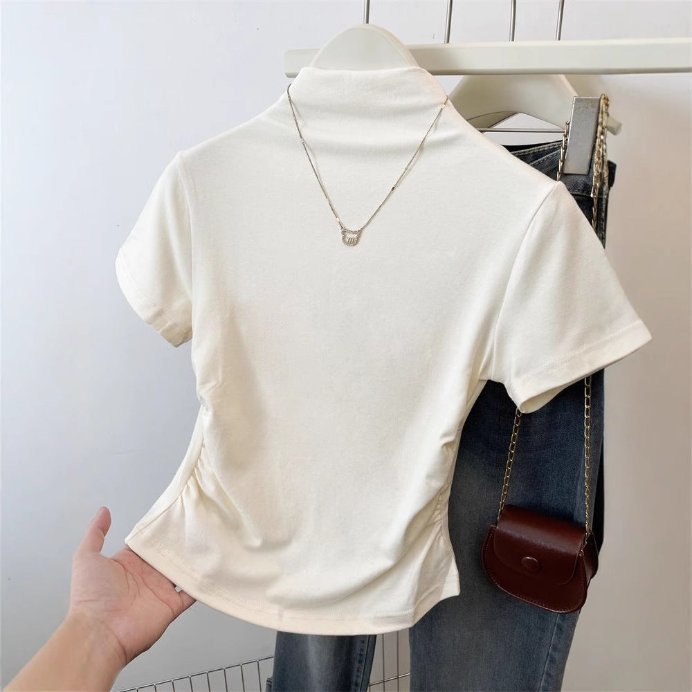 Damen T-Shirt Stehkragen Rüschendetail Figurbetont