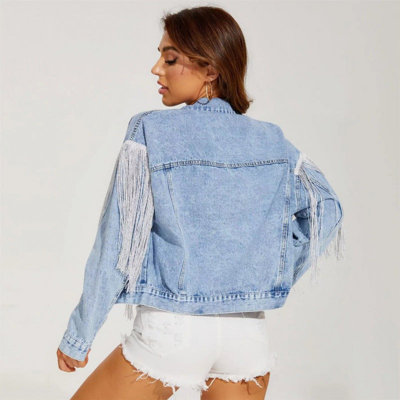 Damen Jeansjacke Fransen Design Eveloria