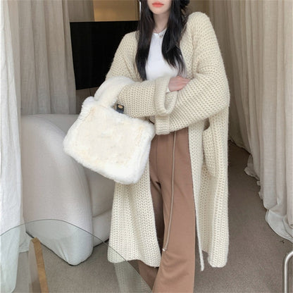 Damen Longcardigan Praktisch Mit Taschen und Zopfmuster Beige