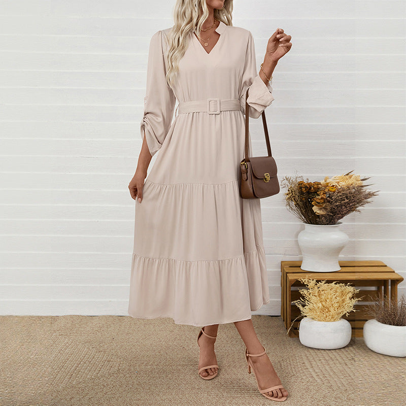 Damen Maxikleid V-Ausschnitt Taillierter Gürtel Eveloria - Eveloria