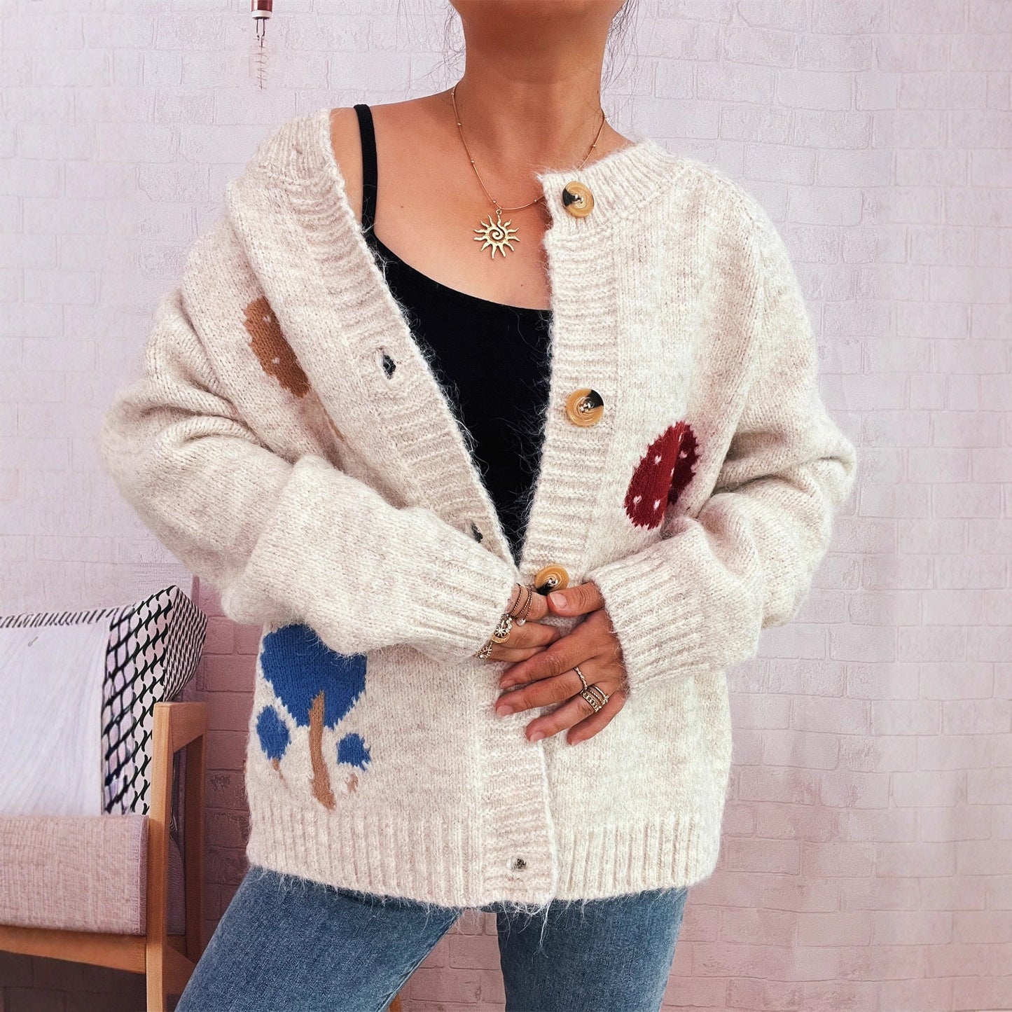 Damen Strickjacke Pilzmuster Eveloria - Eveloria