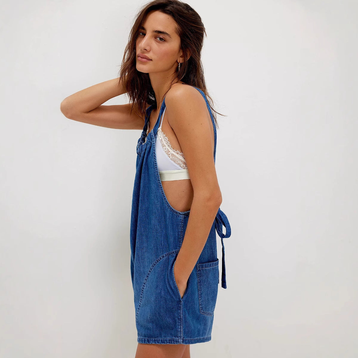 Damen Denim-Shortoverall Geraffter Ausschnitt Seitentaschen Blau