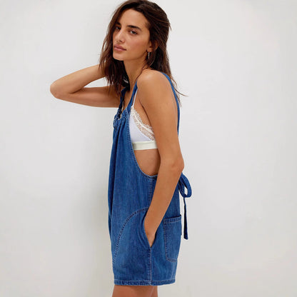 Damen Denim-Shortoverall Geraffter Ausschnitt Seitentaschen Blau
