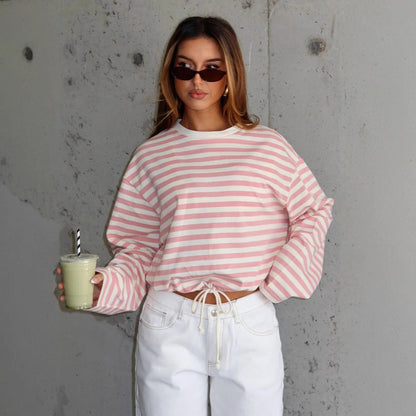 Damen Gestreiftes Crop- mit Kordelzug und Baumwolle Weiß-