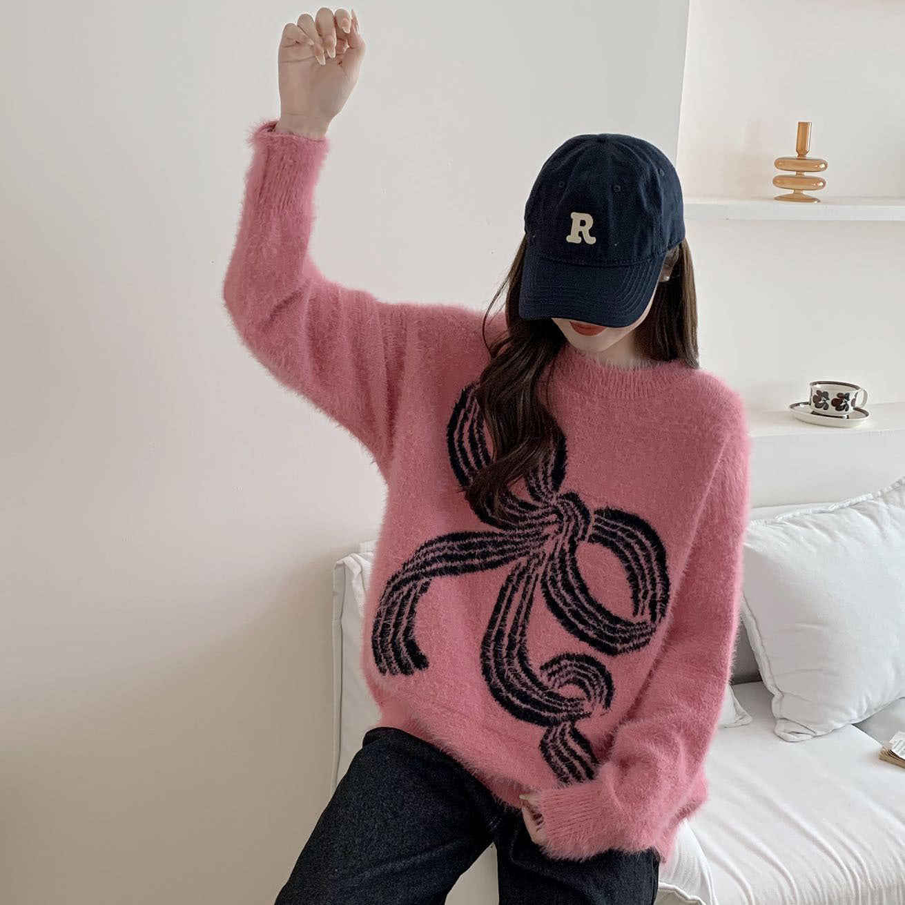 Damen Pullover Kuschelig Schleifenmuster Grau