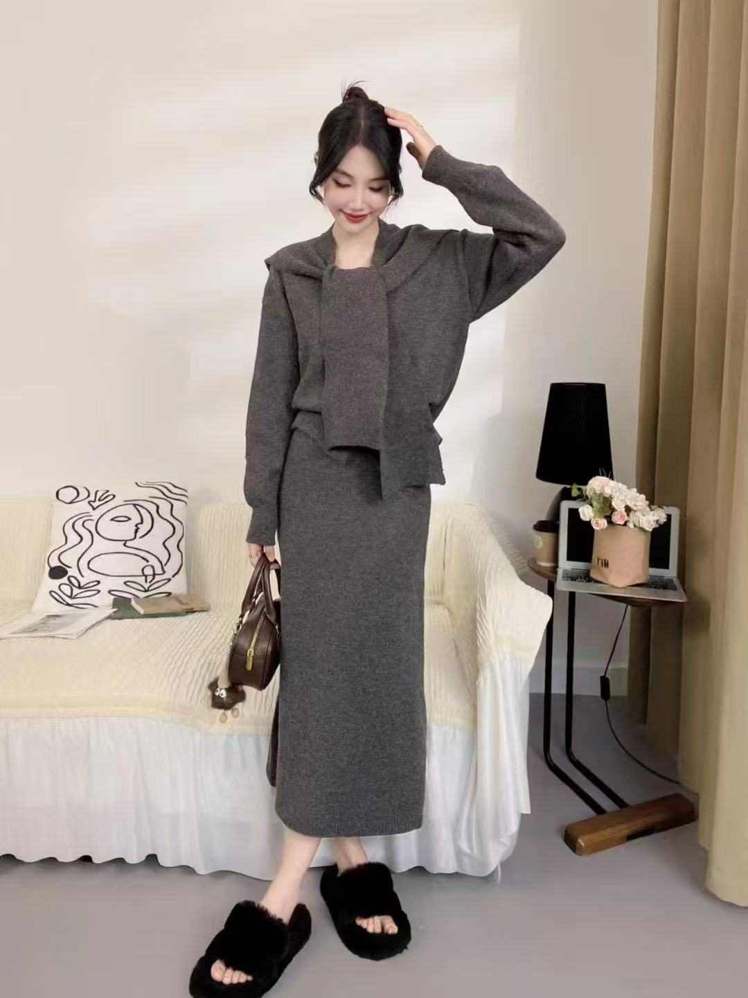 Damen Strickensemble Elegante Silhouette Mit Kragen