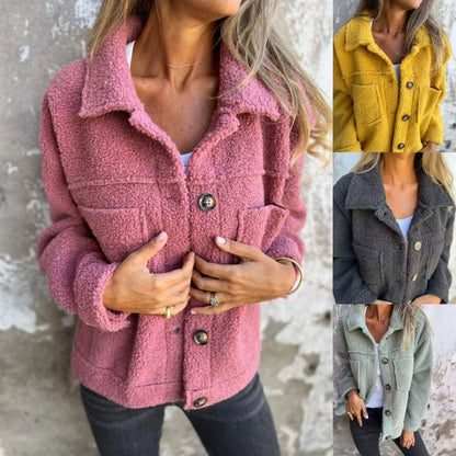 Damen Oversized-Jacke Flauschig mit Taschen und Knöpfen Schwarz - Eveloria