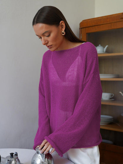 Damen Pullover Weite Ärmel Feines Lochstrickdesign Beige