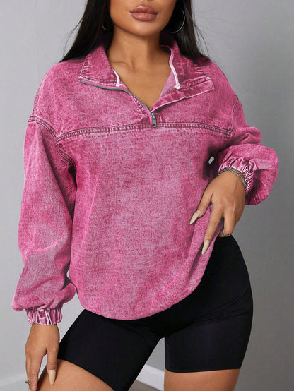Damen Denim-Pullover Stehkragen Reißverschluss Blau Eveloria