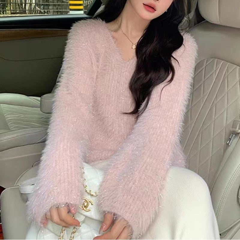 Damen Pullover V-Ausschnitt Flausch langarm Glitzer Eveloria
