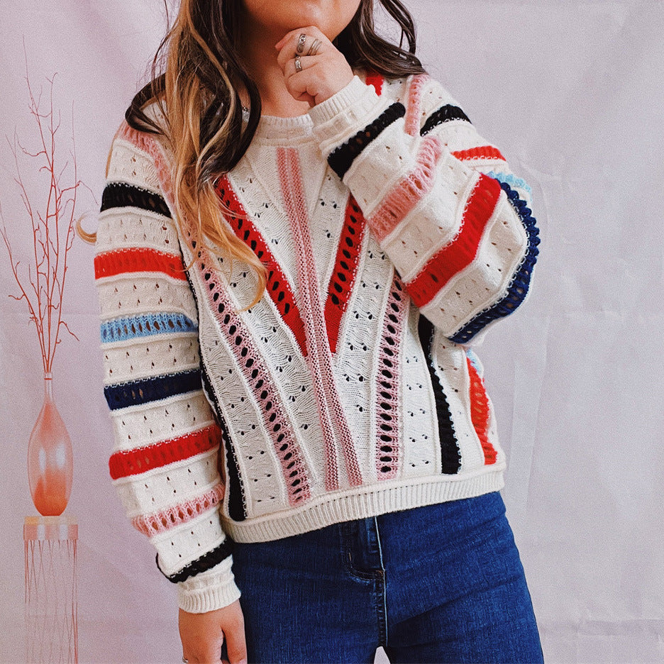 Damen Pullover V-Ausschnitt Strickdesign Bunt
