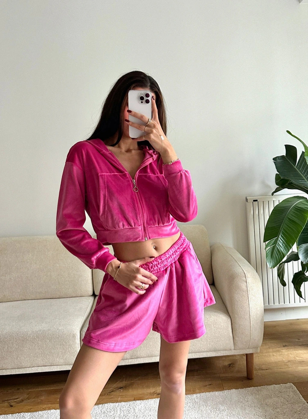 Damen Sportset Velours Cropped mit Reißverschluss Elastisch