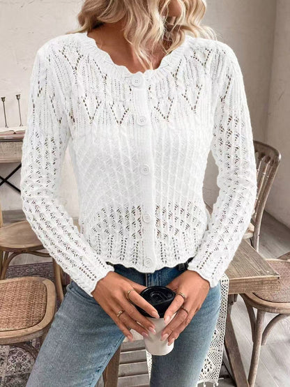 Damen Strickjacke Häkelstruktur Knopflos Beige