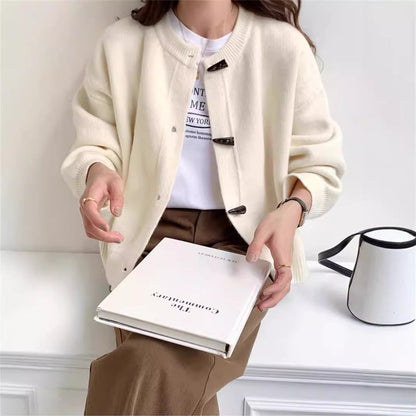 Damen Strickjacke Elegant Knöpfe Beige