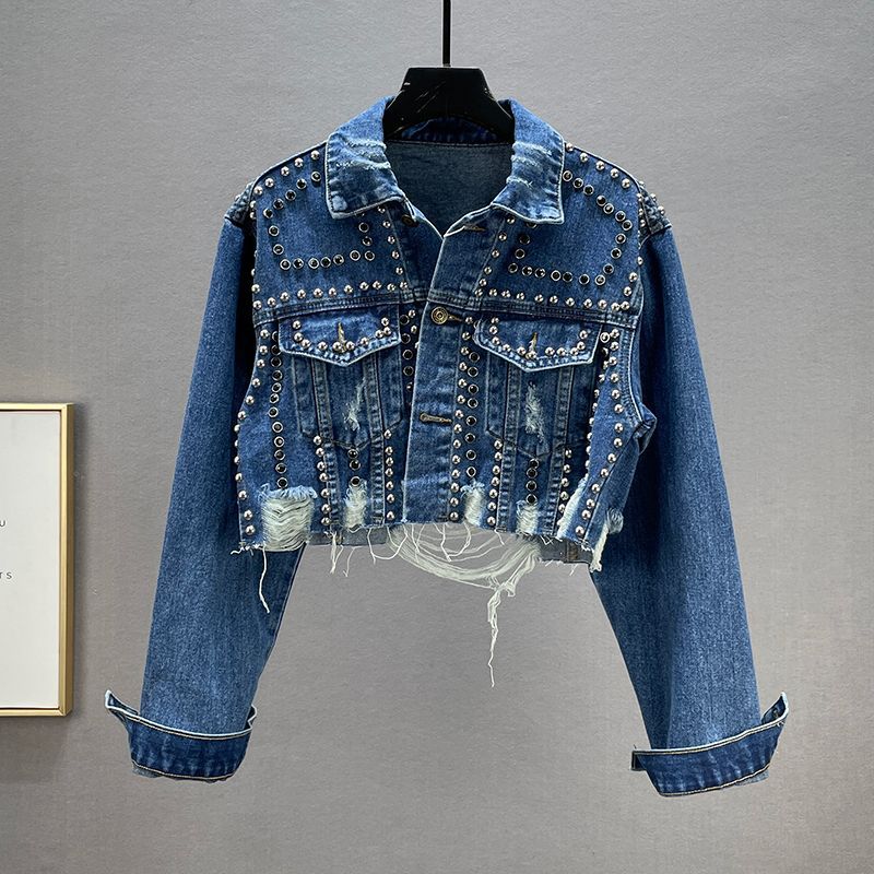 Damen Denimjacke Nieten Fransen Blau Eveloria - Eveloria