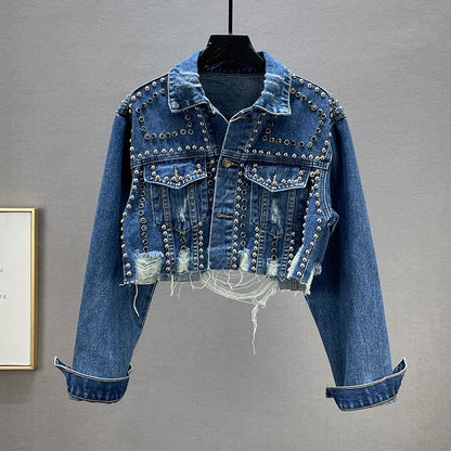 Damen Denimjacke Nieten Fransen Blau Eveloria - Eveloria