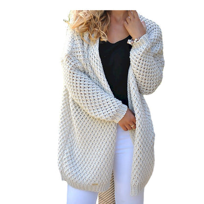 Damen Strickjacke Grobstrick Lochmuster Lang