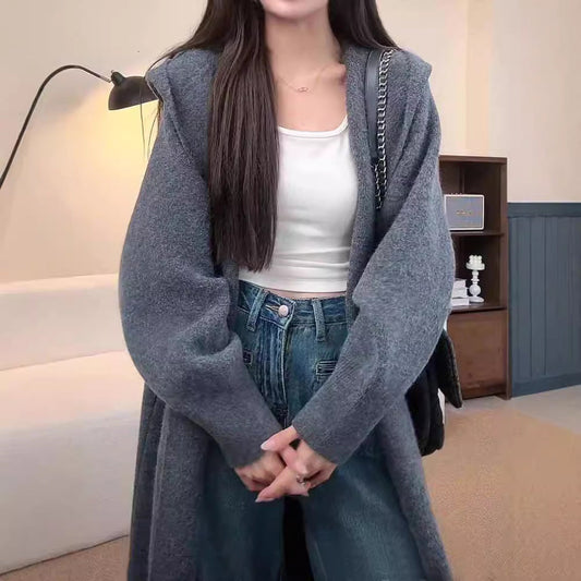 Damen Strickmantel Lässig Kapuze Weite Ärmel Beige - Eveloria