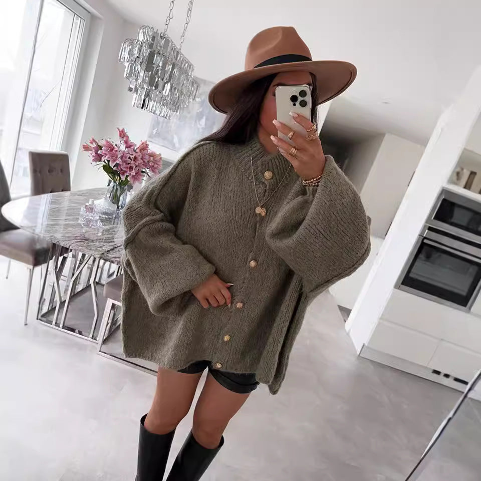 Damen Oversized Strickpullover Voluminöse Ärmel Beige Eveloria