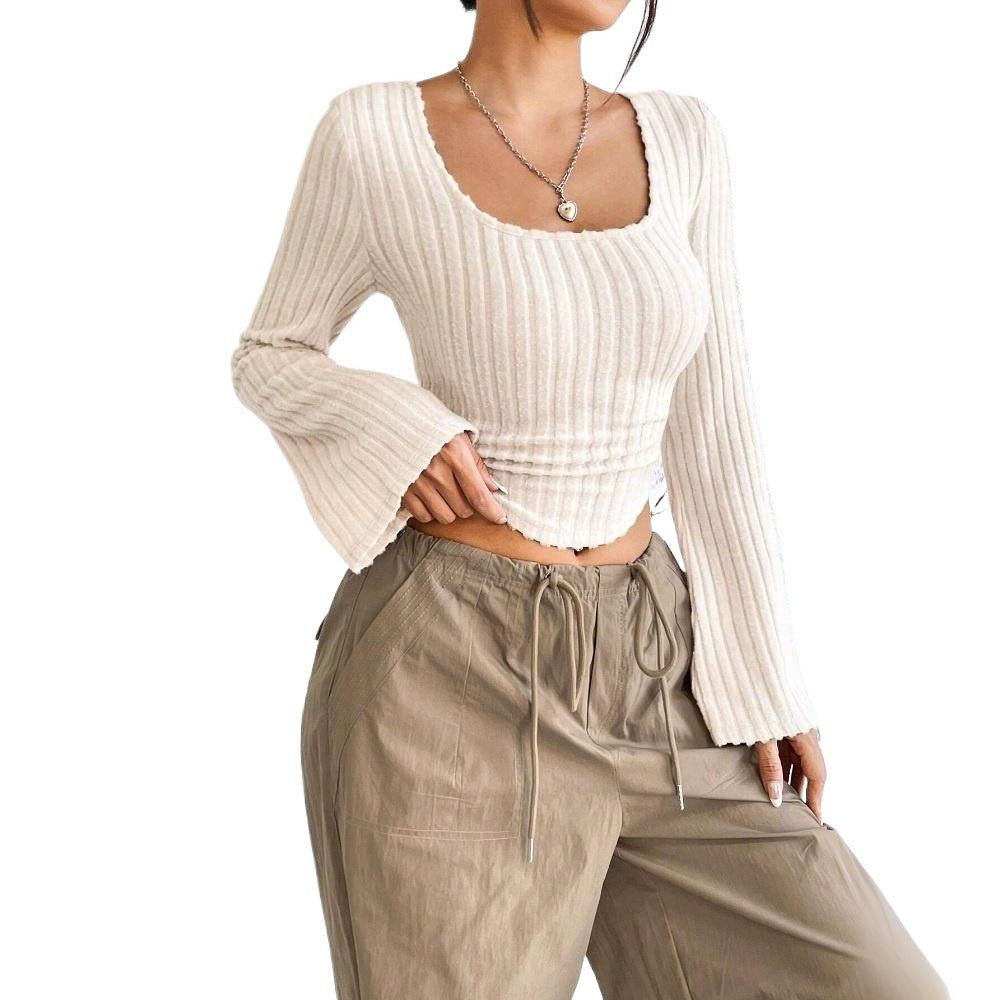 Damen Langarm Crop Rippdesign Abgerundeter Saum Eveloria