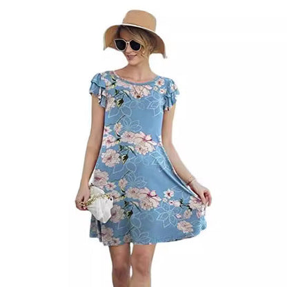 Damen Blumenkleid Sommer Rüschendetails schwingender Rock Eveloria