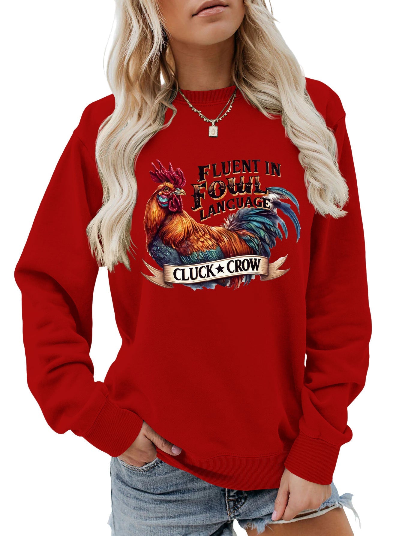 Damen Sweatshirt Hühnermotiv Bequem Grau Eveloria