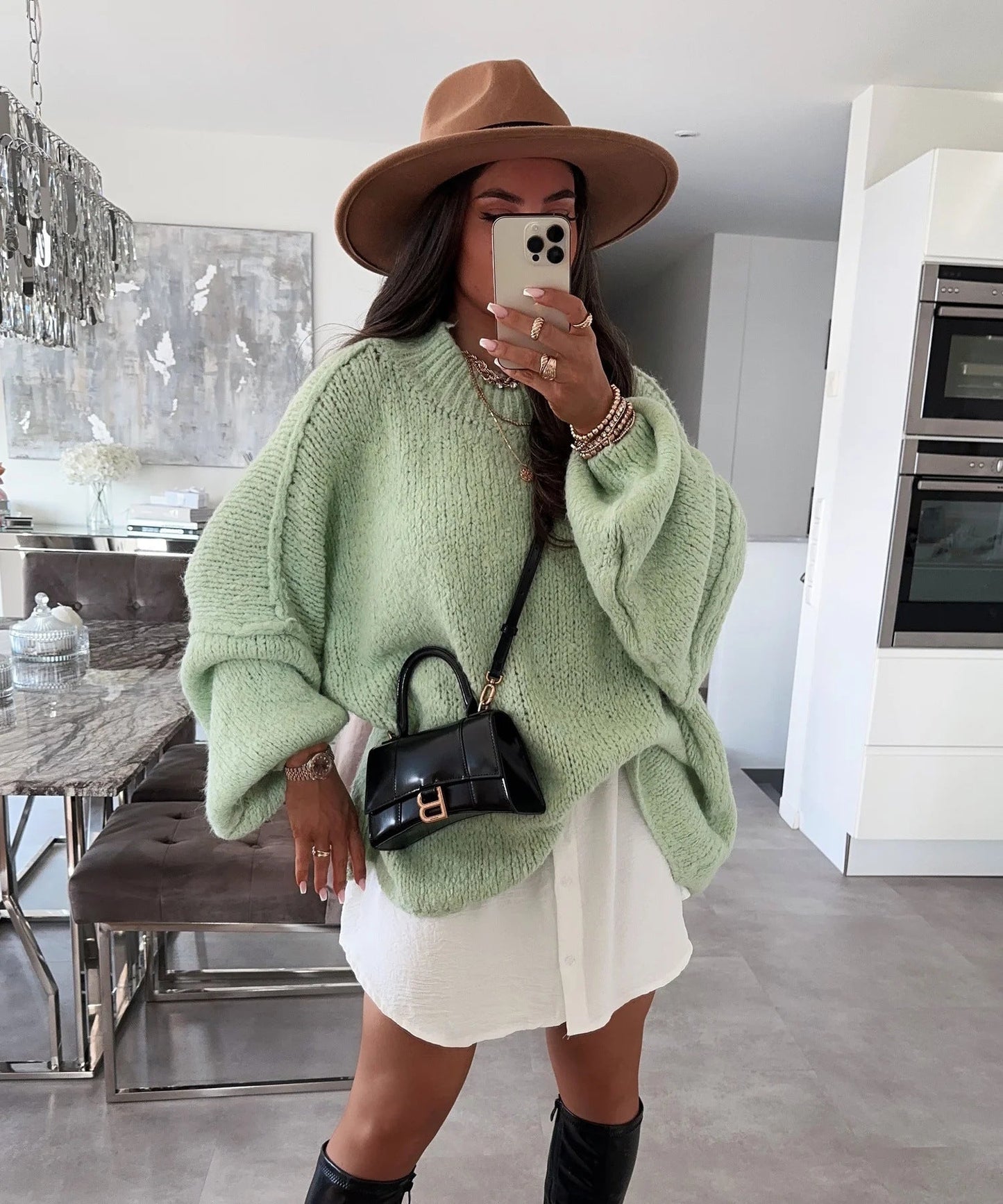 Damen Oversized Strickpullover Hoher Kragen Ballonärmel Eveloria