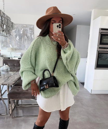 Damen Oversized Strickpullover Hoher Kragen Ballonärmel Eveloria